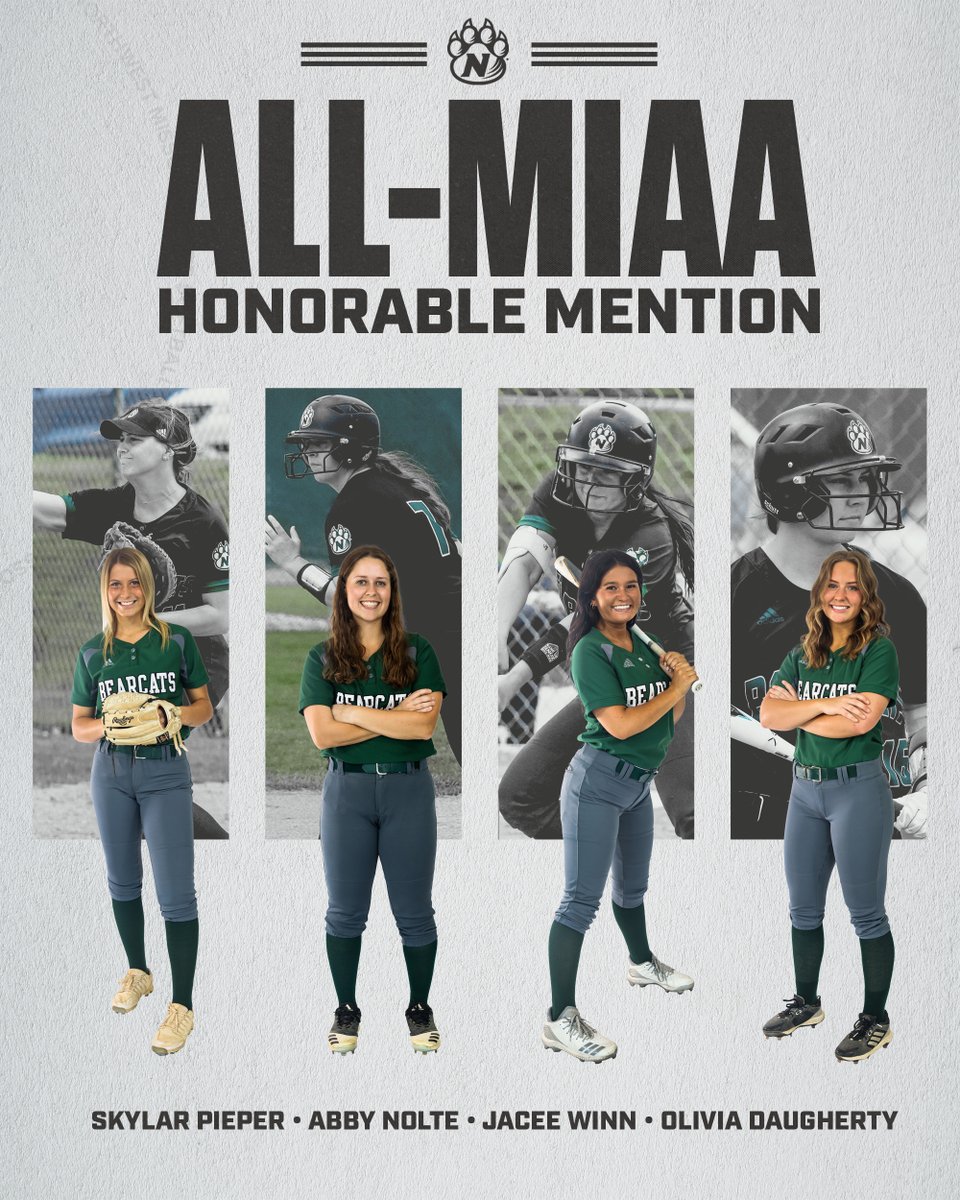A quartet of <a href="/NWBearcatSB/">Northwest Softball</a> members earned All-MIAA honorable mention status for their play in 2022.
 
Junior Olivia Daugherty, sophomore Abby Nolte, freshman Skylar Pieper and junior Jacee Winn represent Northwest on the 2022 All-MIAA Softball Teams.

bit.ly/37hOQDA