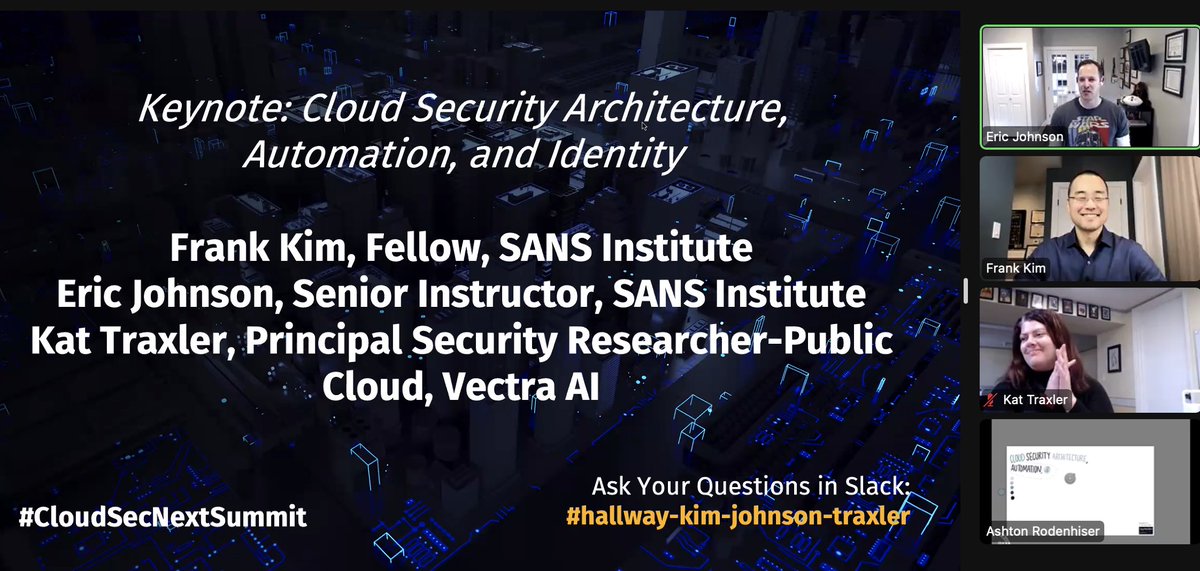 SANSCloudSec's tweet photo. As is the case with #cloudsecurity - things change unexpectedly...
Impromptu Keynote at #CloudSecNext with @NightmareJS @emjohn20 @fykim on things you can go research and learn more about regarding #cloud
Join us here: https://t.co/HOOhD4r8Xy https://t.co/dGbJI8opyC