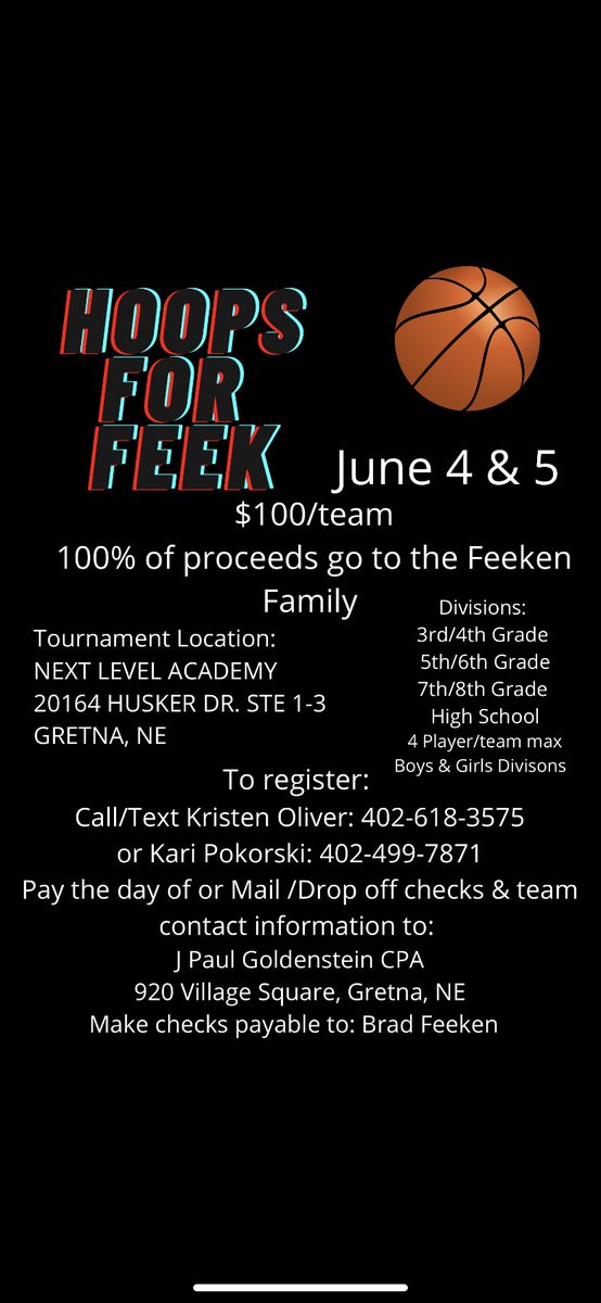 LandonPokorski's tweet photo. Excited to announce that @NlaOmahaInc and I have set up a 3on3 fundraising tournament for coach Feeken on June 4th-5th. Sign up and get a team for grades 3rd all the way to High school! All the info you need is below and if you have any questions please reach out!💚#hoopsforfeek https://t.co/I8g9uEidcN