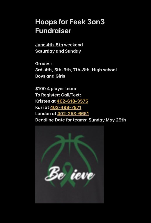 LandonPokorski's tweet photo. Excited to announce that @NlaOmahaInc and I have set up a 3on3 fundraising tournament for coach Feeken on June 4th-5th. Sign up and get a team for grades 3rd all the way to High school! All the info you need is below and if you have any questions please reach out!💚#hoopsforfeek https://t.co/I8g9uEidcN