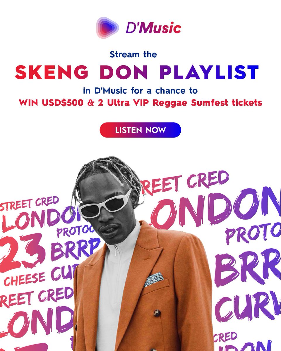Feeling generous. Who wah go Sumfest?Stream the #SkengDon playlist for a chance to win di good tings dem! 
➡️dmusic.ws/Skeng4