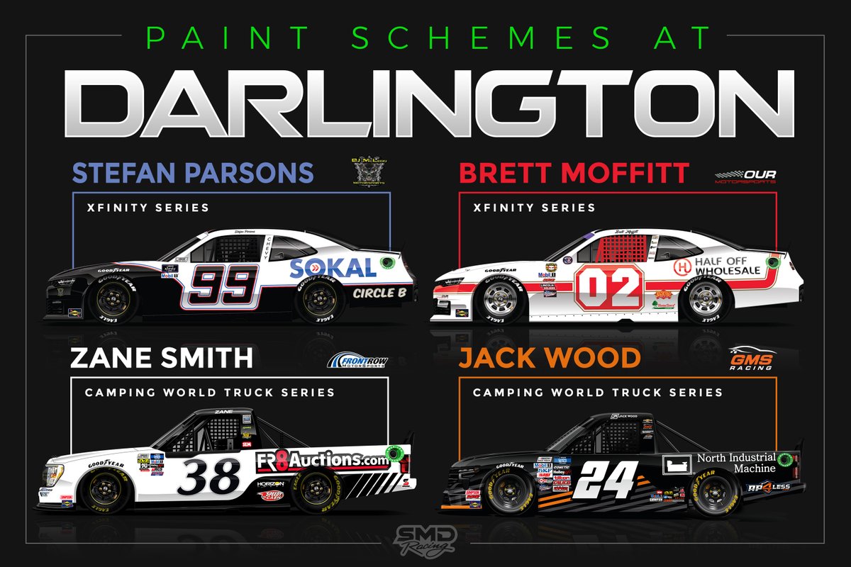 Gearing up for #NASCAR racing at @TooToughToTame ! 🏁 Check out the SMD paint schemes running this weekend!

@NASCAR_Xfinity 
02 - @Brett_Moffitt 
99 - @StefanParsons_ 

@NASCAR_Trucks 
24 - @DriverJackWood
38 - @zanesmith77  

#NASCAR #darlingtonthrowback #Paintschemedesign