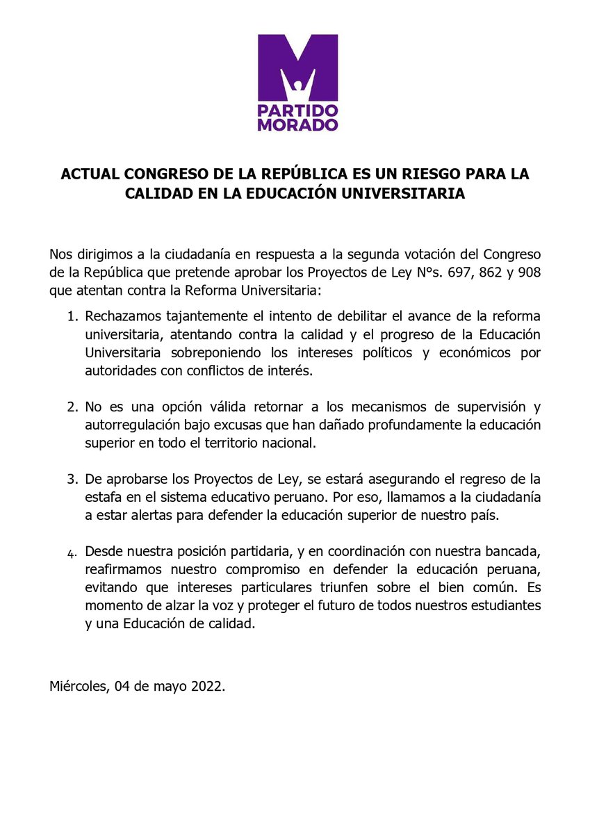 El <a href="/partidomorado/">Partido Morado</a> rechaza los Proyectos de Ley presentados para segunda votación con el fin de debilitar a la <a href="/SuneduPeru/">Sunedu</a>. No permitiremos que se siga atentando contra la educación de los jóvenes.

#LaEducaciónSeRespeta