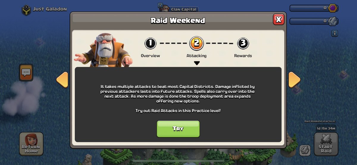 GaladonGaming's tweet image. The practice level is BACK! Get your FREE capital gold for completing it- just click the blue “i” near the top right from the clan Capital screen! #ClashOfClans #UseCodeGaladon