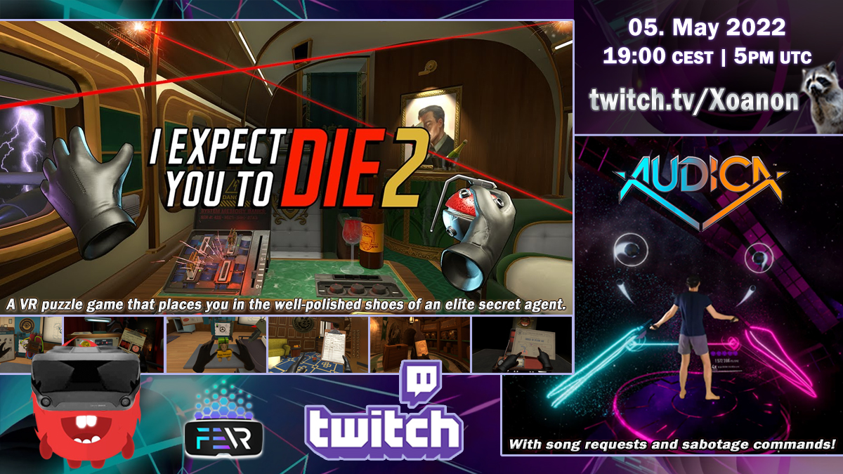 _Xoanon_'s tweet photo. In 30 mins another secret mission #VR stream with #IExpectYouToDie2!🕵️
Then #AUDICA 🎶 with song requests!
➡️ https://t.co/JrW81RRdK4 🦝
#VirtualReality #MixedReality #TwitchStreamers #SupportSmallStreamers #VRStreamers @pulsoid_app @LIV #LIV @ieytd @schellgames #ieytd #FeVRtwt https://t.co/U92rvLIMKp