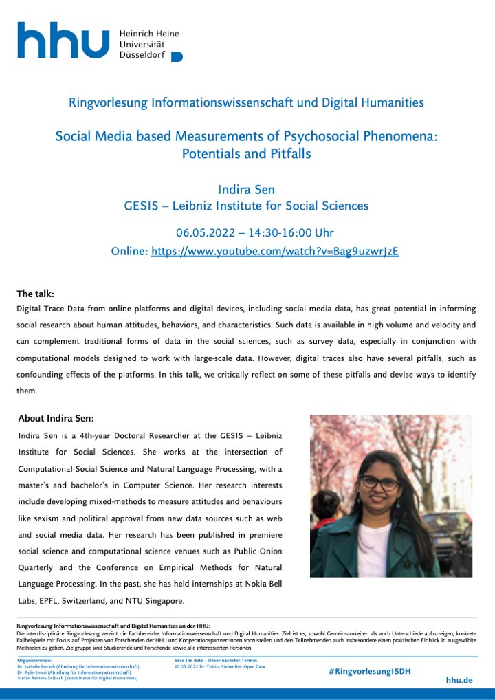 InformSc_HHU's tweet photo. @_SReiners @bezwitschernd &amp; @Aylinnchen are excited to share with you the news! #RingvorlesungISDH starts this Friday with @indiiigosky from @gesis_org! Don't miss her talk about #socialmedia based measurements of psychosocial phenomena: potentials and pitfalls 
@HHU_de https://t.co/xS7zCJF5Jc