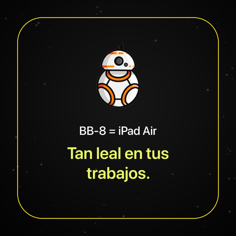 MacStoreMx's tweet photo. Feliz 4 de Mayo y... ¡qué la fuerza te acompañe! 🌌🖤 💫
¿Te has preguntando qué personaje de #StarWars se relaciona con tu producto #Apple favorito? Desliza y descúbrelo ➡️😉.
#MayThe4thBeWithYou #StarWarsDay #MacStore #macstoremx https://t.co/XmSg2iXJ6s