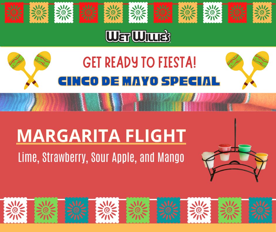 Who's ready to fiesta? 🎉 Join us this Cinco de Mayo to celebrate with a margarita flight! Enjoy samples of our classic lime, strawberry, sour apple, and mango flavors. 
#CincodeMayo