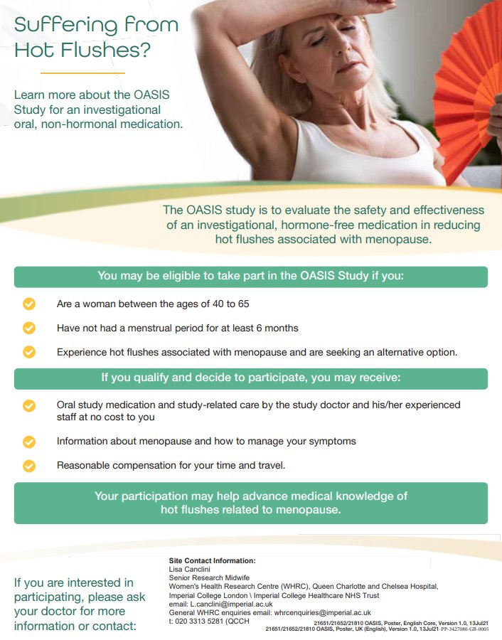 We are excited to announce our specialist menopause service has opened recruitment for OASIS 3 trial.
The OASIS study is to evaluate the safety and effectiveness of an hormone-free medication in reducing hot flushes <a href="/WHRCImp/">WHRC Imperial College, London</a> #research #Menopause