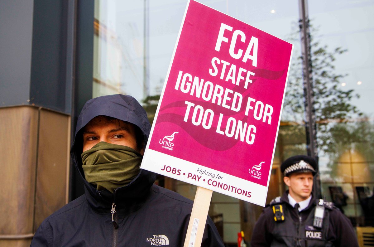 Unite_Finance's tweet photo. Day 1 of the FCA strike -an amazing turnout by the committed workforce who absolutely did not want to be forced into taking industrial action by management. We are proud of these Unite members who stood up and fought for their pay, terms and conditions. #FCAStrikes @unitetheunion https://t.co/vvrnwK0giy