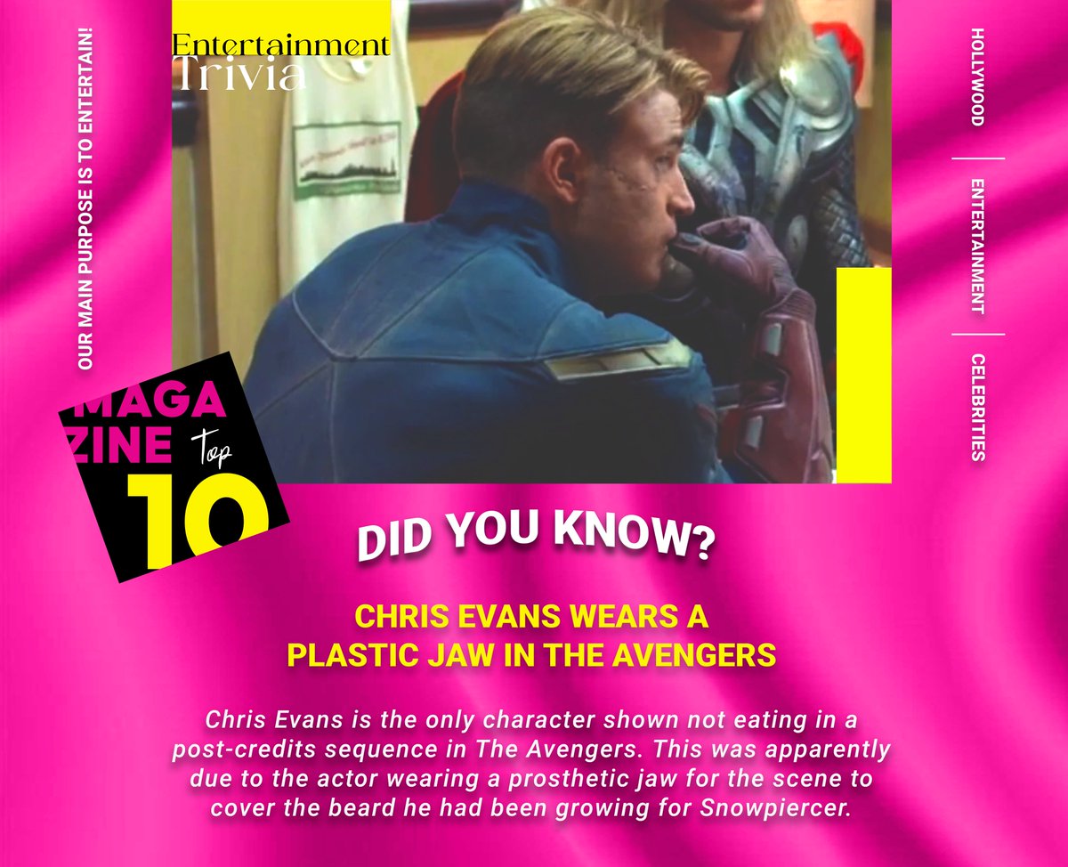 TopTen_Magazine's tweet photo. Evans' beard and mustache couldn't be remove due to his commitment to another film, so the Marvel Studios team had to be creative. They employed prosthetics to disguise the actor's facial hair.

#Entertainment #Celebrity #Facts #Movie #Avengers #Marvel #CaptainAmerica #ChrisEvans https://t.co/xhN2REygAf