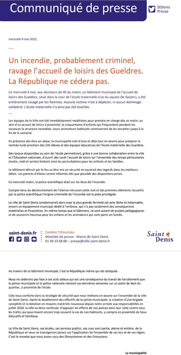 |COMMUNIQUÉ DE PRESSE| Un incendie a entièrement ravagé l'accueil de loisirs des Gueldres. Aucune victime n'est à déplorer. Un incendie, probablement criminel, envers un équipement municipal dédié à l'enfance.