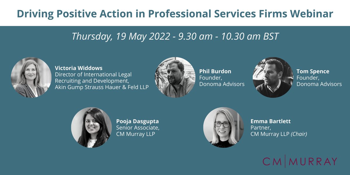 Join us for 'Driving Positive Action in #ProfessionalServicesFirms' on Thursday, 19 May 2022 - 9.30 am - 10.30 am BST: cm-murray.com/knowledge/driv… #PositiveAction #ProfessionalServices #LegalRecruitment #PartnershipLaw #EmploymentLaw #LawFirms #DiversityandInclusion