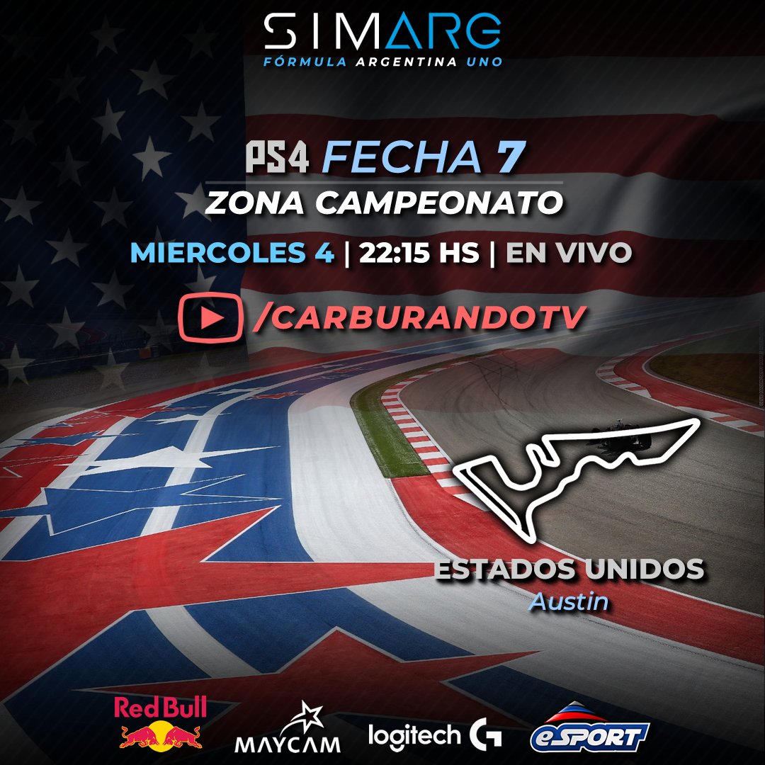 CarburandoTV's tweet photo. #Esports 🎮Hoy, desde las 22.15 y por nuestro canal de YouTube, no te pierdas la 7ma y última del campeonato esport de F1 por SimArg y MayCam en el circuito de Austin, Texas. #SIMArg
Seguilo por https://t.co/FoLbasmXp5 https://t.co/Nj3xfKRWd0
