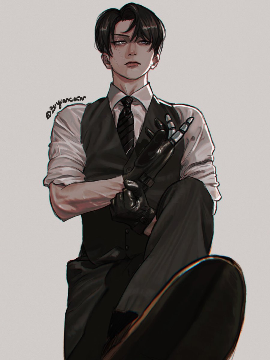 1boy male focus necktie solo shirt gloves black hair  illustration images
