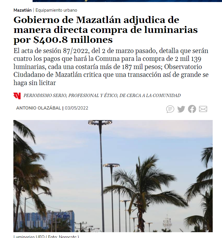 observatoriomzt's tweet photo. 🧐Como organización revelamos la adjudicación directa de un contrato por 400.8 mdp a favor de #AztecaLightin por 2,139 lámparas. Es el contrato más costoso adjudicado sin licitación en el @AytodeMzt.
Éste fue avalado en marzo pasado en sesión cerrada del Comité de Adquisiciones. https://t.co/mrAnazuFdX
