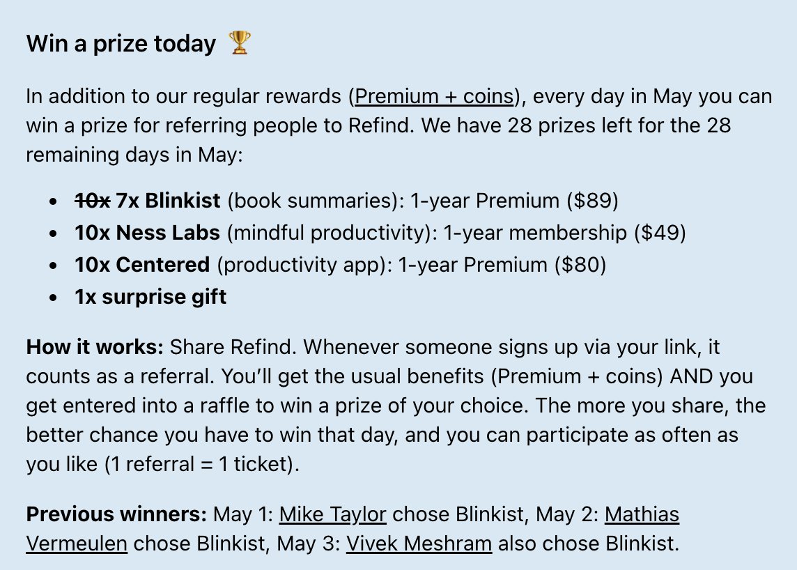 Refind (@refindcom) on Twitter photo Our third winner is <a href="/meshram_vivek/">Vivek Meshram</a>. He invited more than 50 people to Refind so far. Thanks a lot, Vivek!
You can win too!ย We still have 28 prizes left... Our third winner is <a href="/meshram_vivek/">Vivek Meshram</a>. He invited more than 50 people to Refind so far. Thanks a lot, Vivek!
You can win too!ย We still have 28 prizes left...