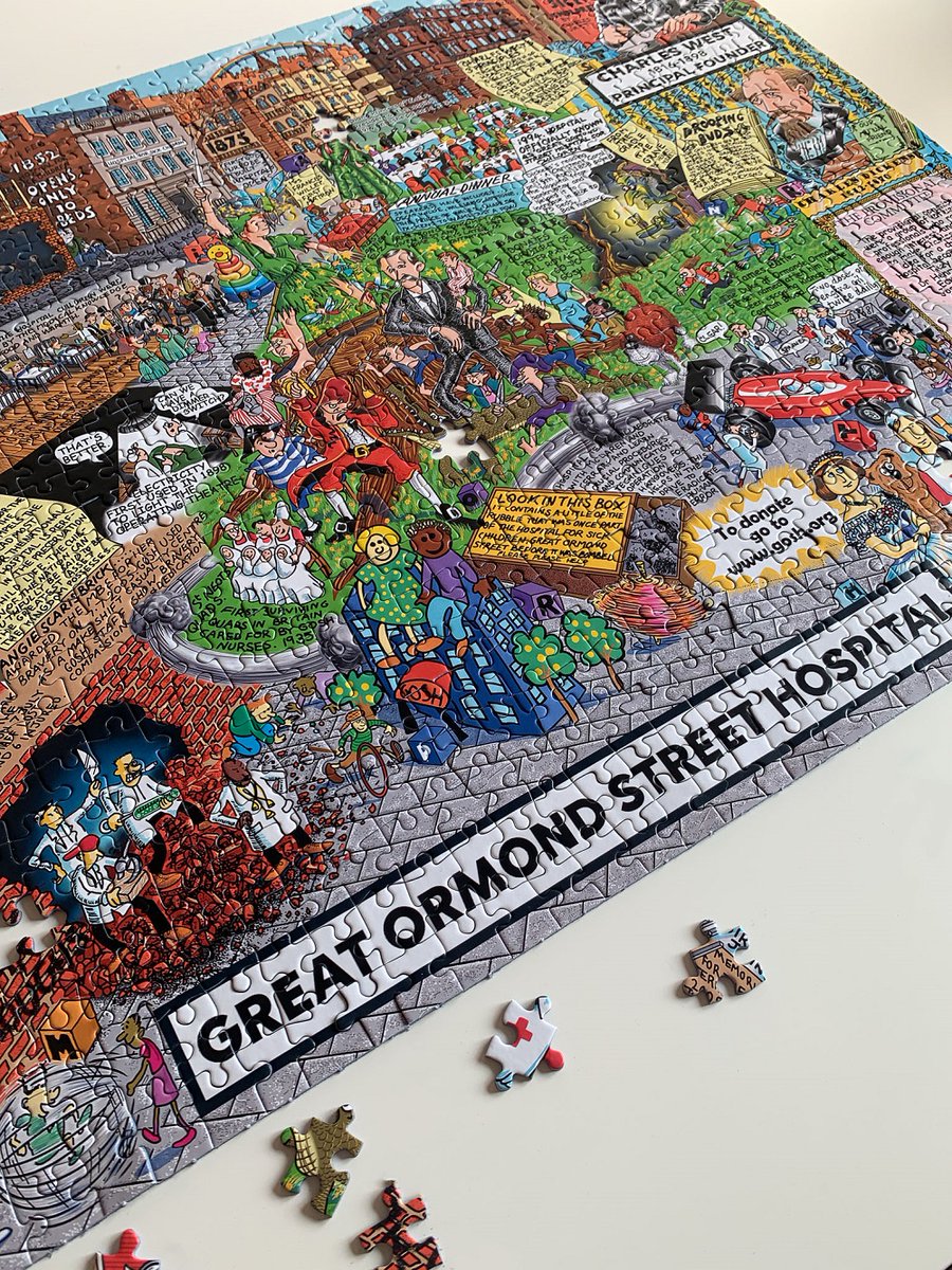 GOSHCharity's tweet photo. How amazing is this 1000 piece jigsaw puzzle of @GreatOrmondSt? Richard Argent, an artist specialising in historic cartoons, has drawn the puzzle as a tribute to the doctors and nurses who treated him as a baby. Every purchase from @Gibsons_puzzles helps support GOSH Charity 💜 https://t.co/DcazAyE6OC
