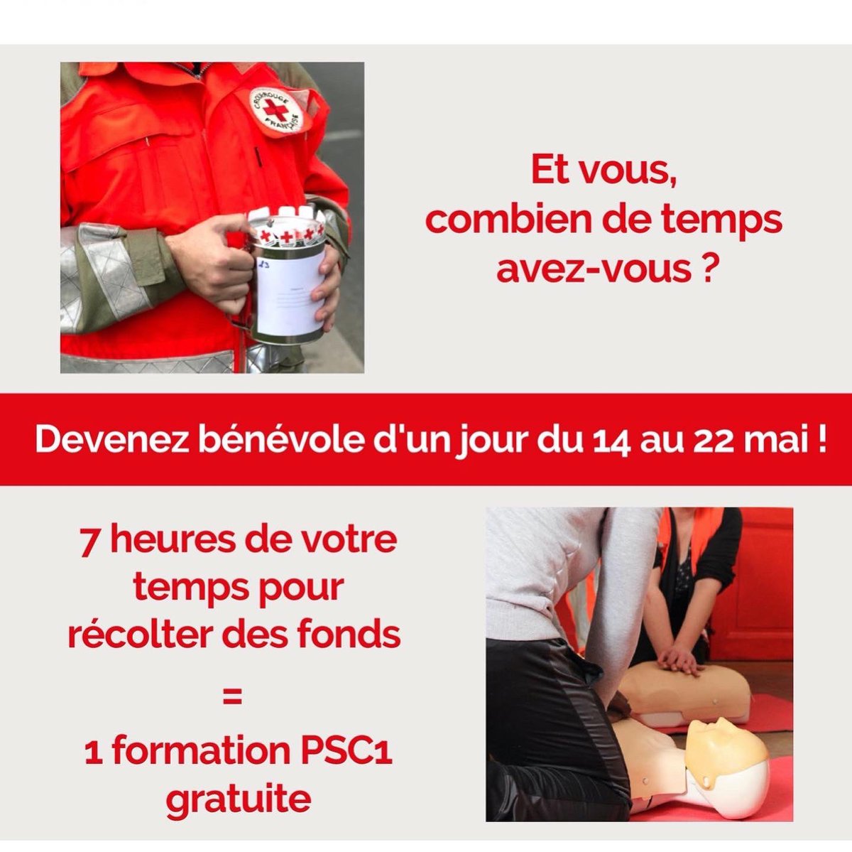 Du 14 au 22 mai, c’est NOUS qui avons besoin de votre aide 💪🏼 venez nous aider à poursuivre nos actions en participant à nos Journées Nationales😍⛑

7h de benevolat = 1 formation PSC1 Offerte 😇

Rejoignez-nous le temps d’une journée : forms.gle/xTQH65KgpN6VUs…