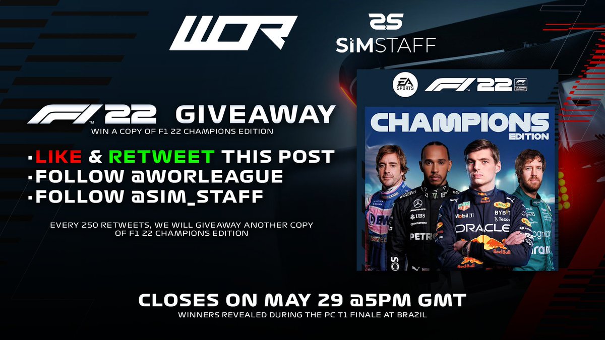 #WOR x #SimStaff I F1 22 GIVEAWAY

WE ARE GIVING AWAY TWO COPIES OF THE F1 22 CHAMPIONS EDITION

To enter, you must:
- Like and RT this post
- Follow us and <a href="/sim_staff/">SimStaff</a> on Twitter

For every 250 RT's, we will giveaway another F1 22 Champions Edition copy

Good luck!

#F1 #F122game