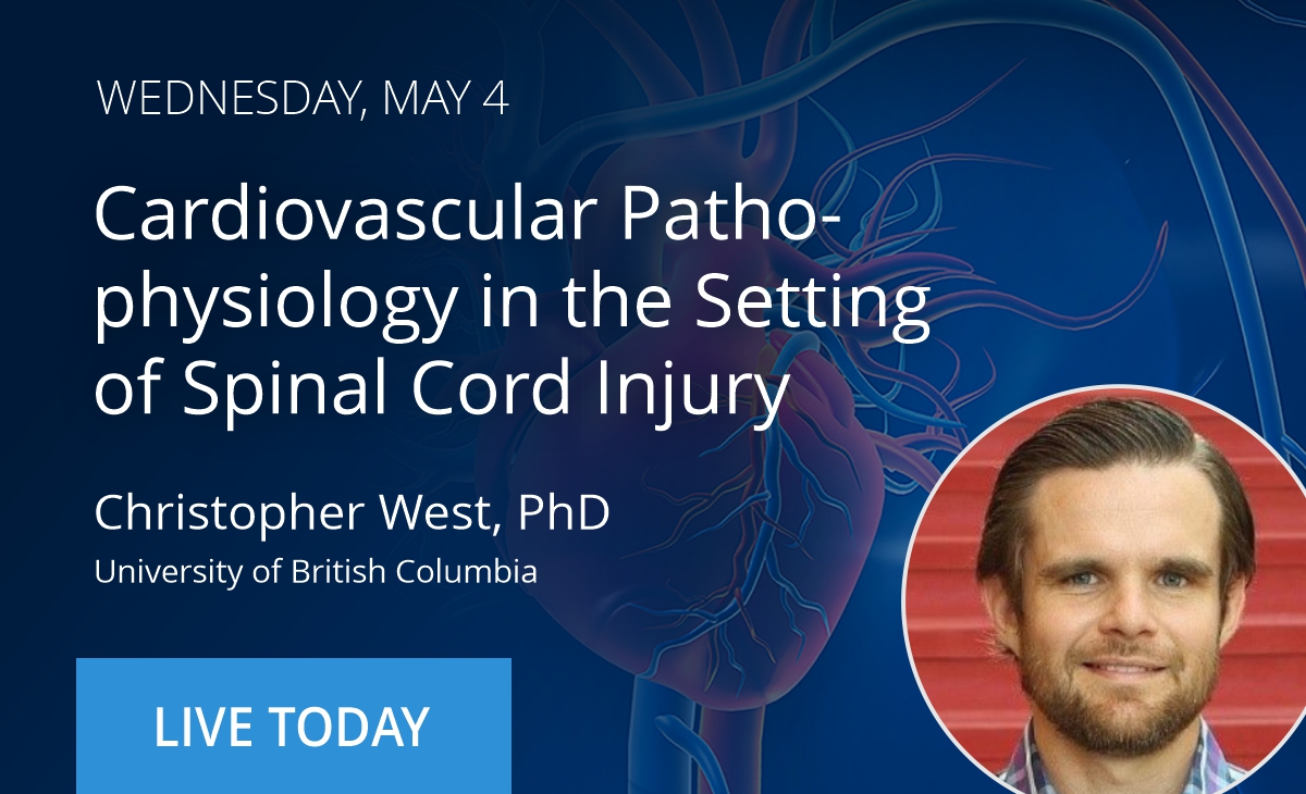 InsideSci's tweet photo. LIVE IN 1 HOUR: @DrCRWest from @UBC kicks off Cardiovascular Connections by sharing novel therapies for improving cardiovascular function following spinal cord injury!

Join us at 1PM ET: https://t.co/7JF0Th4gcP 
#ShareScience #CardioTwitter
@transonicflow @APSPhysiology @EccrOrg https://t.co/teQFTAXR07