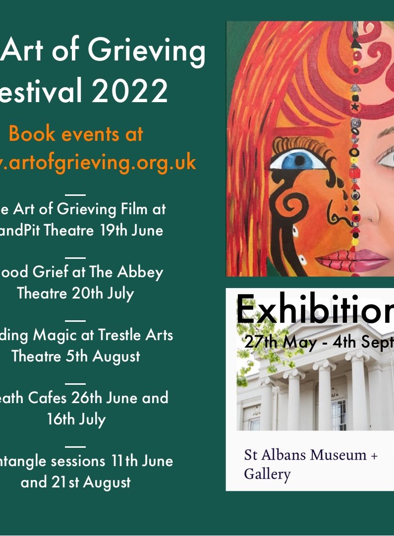 Breaking taboos! Visit the life-affirming Art of Grieving Festival starting 27th May!
Go to an exhibition of 50 artists’ work about loss &amp; grief and read the artist statements about their creations.
Book films &amp; shows or attend events listed on the website artofgrieving.org.uk