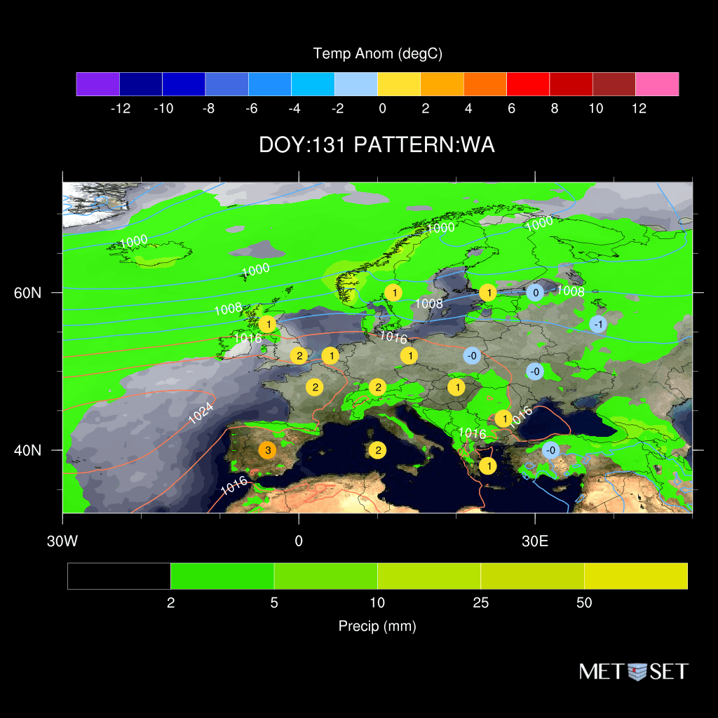 Met_Set_UK's tweet photo. 5/5
WA (Westerly Anticyclonic) sees a slightly weaker mainland Europe high which allows Atlantic low pressure to cut across N UK/Nordic to bring more wind/precip/cloud here and a cap in temps here - still overall on the warm side - mostly calm/dry/sunny Mainland Europe still. https://t.co/axrx24YEM2