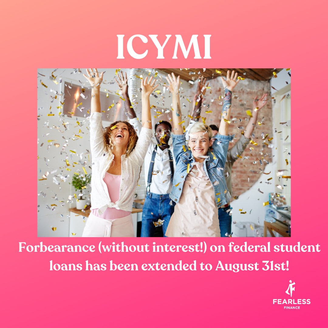 The Department of Education extended its interest-free forbearance period 'til Aug 31st. 1) Keep paying! Get rid of principal faster when interest is at 0%. 2) Pay down higher interest debt! 3) Build your Emergency Fund 4) Save for other goals.

#fearlessfinance