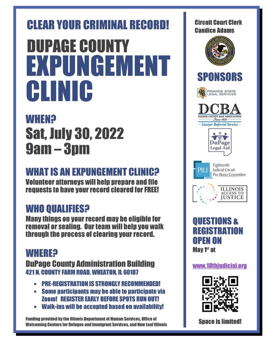 Mark your calendars and clear your criminal record! Prairie State is partnering with Circuit Court Clerk Candice Adams to offer a FREE expungement clinic on Saturday, July 30, from 9AM-3PM in Wheaton. Advanced registration is recommended! Register here:  bit.ly/3MIkZTM