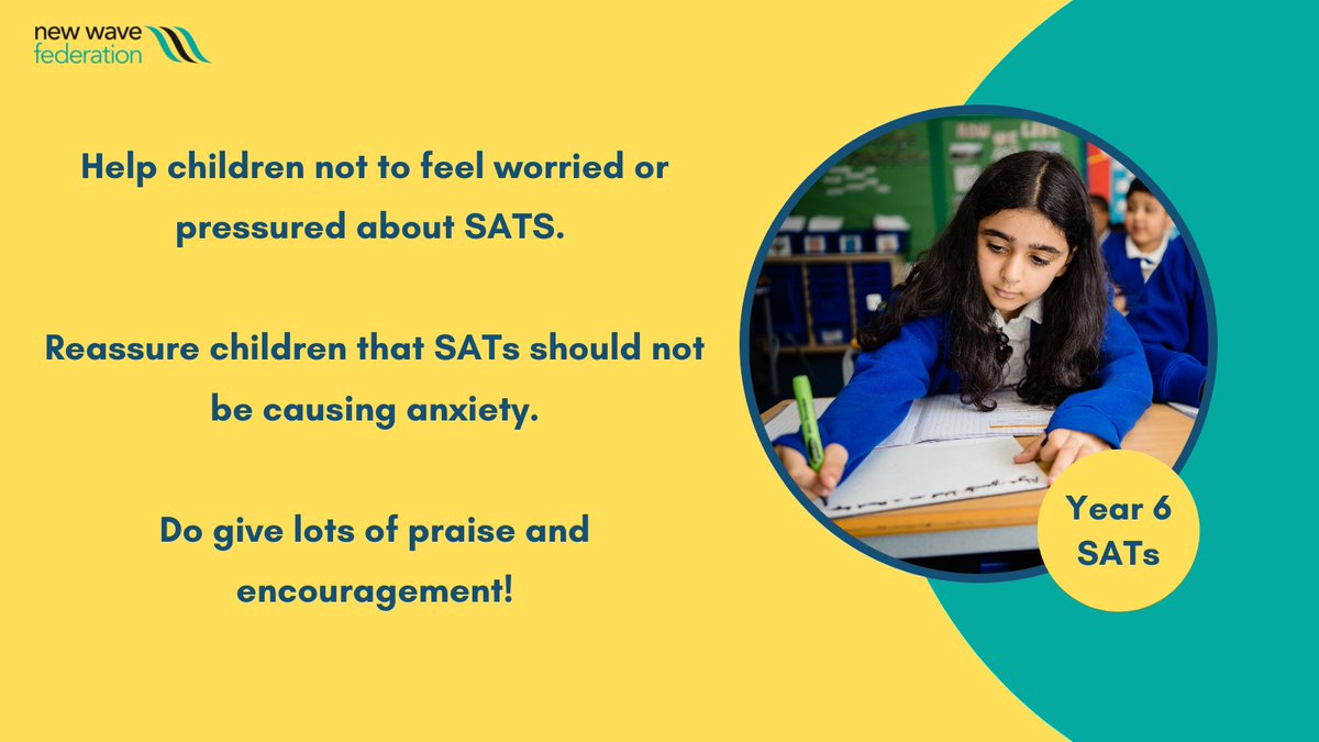 NewWaveFed's tweet photo. SATs can be a time of great stress and anxiety for children. Help your child overcome this by reassuring them and reducing stress levels🧘#NWFed #SATs2022 https://t.co/Zn4Q4YUIAV