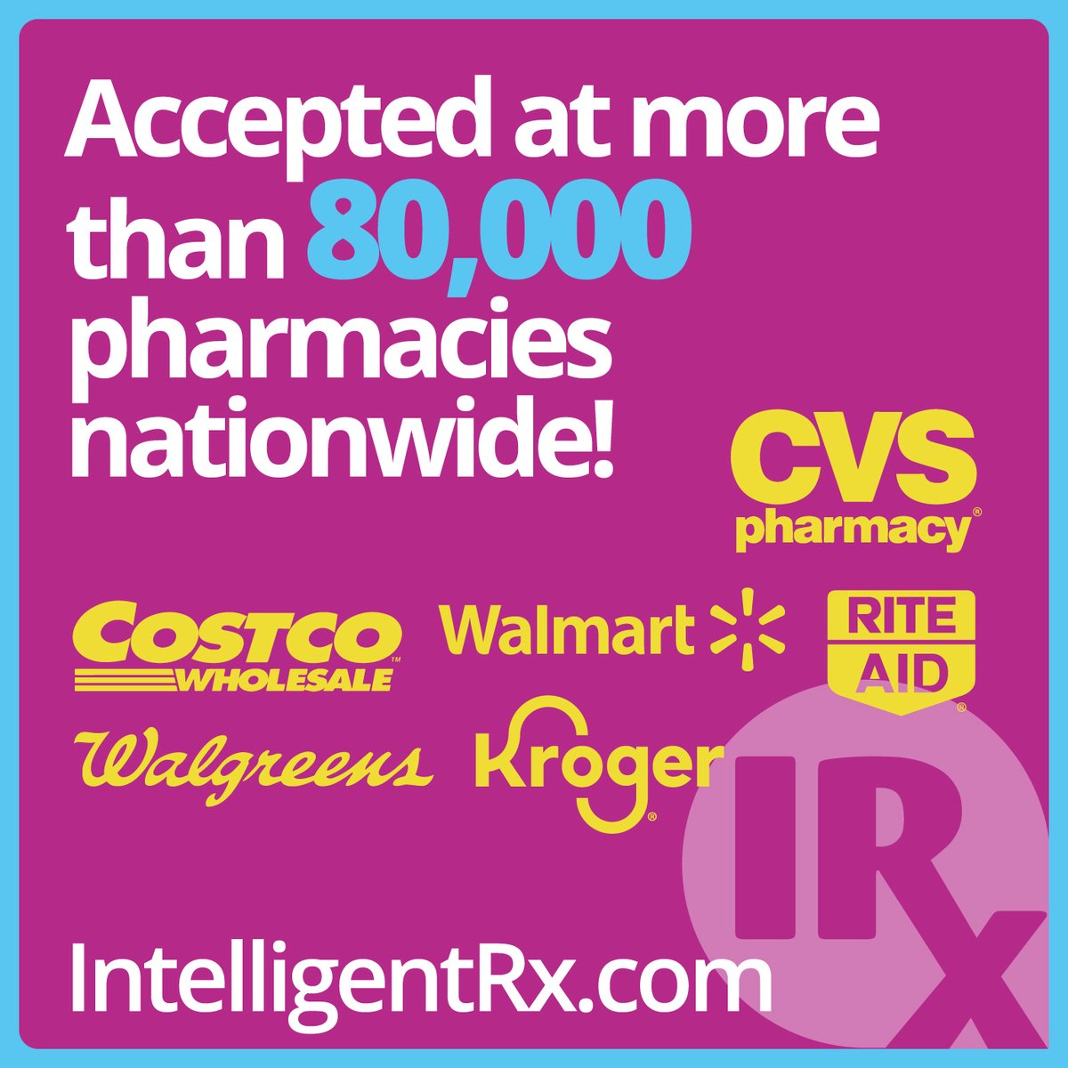IntelligentRx is accepted at more than 80,000 pharmacies nationwide. 

#prescriptions #pharmacy #medicine #healthcare #rx #drugs #pharmacists #onlinepharmacy #prescriptionmedication #affordabledrugs #affordablemeds #genericdrugs #insurance #health #deals #money #sales #wellness