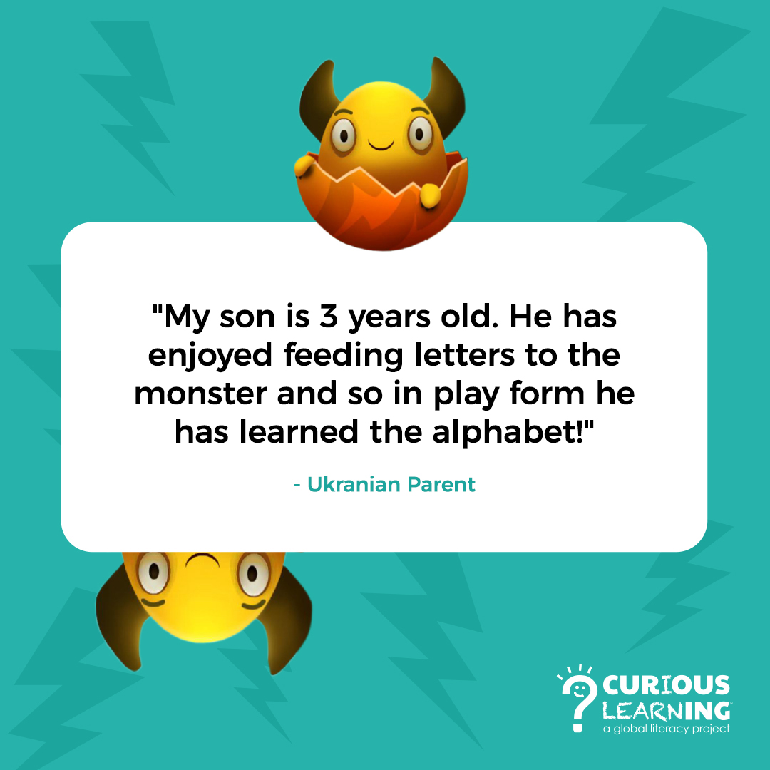 CuriousLearnGLP's tweet photo. Thousands of Ukrainian children have been learning literacy skills through play, by engaging with our Feed The Monster app in the midst of conflict and crisis. 

We've loved receiving testimonials like these from Ukrainian parents... https://t.co/GcGCLTiDsW