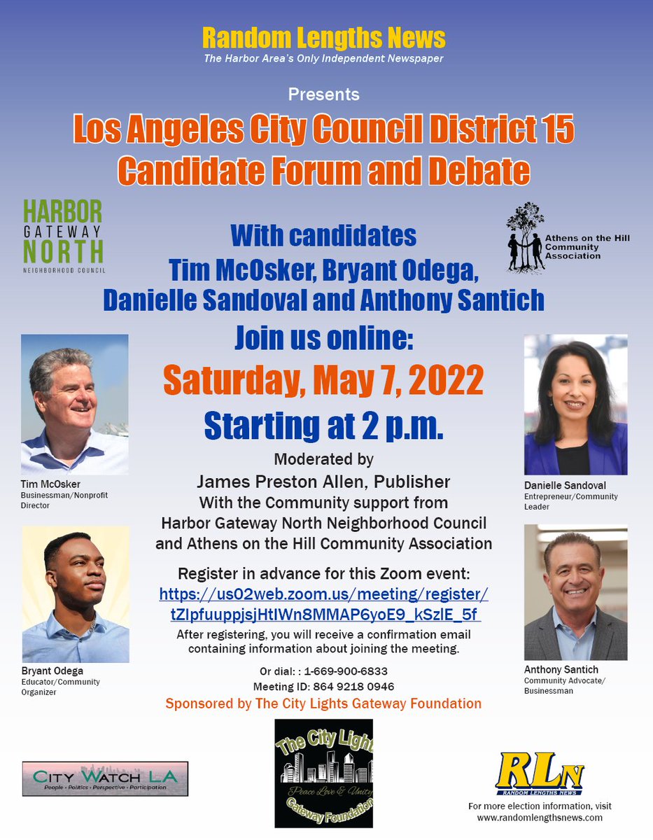 Council District 15 Candidate Forum on Zoom Sat. May 7, 2pm
Hear from Candidates Bryant Odega, Tim McOsker, Danielle Sandoval &amp; Anthony Santich.
Register: ow.ly/INQA50IY9Fv