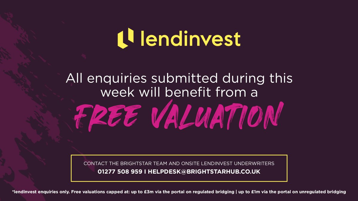 The <a href="/LendInvest/">LendInvest</a> team will be taking up residence at the Brightstar office next week. 🤩

All <a href="/LendInvest/">LendInvest</a> enquiries submitted during this week will benefit from a FREE VALUATION! (Terms &amp; conditions apply).

SUBMIT AN ENQUIRY: 

📞 01277508 959 
📨 helpdesk@brightstarhub.co.uk