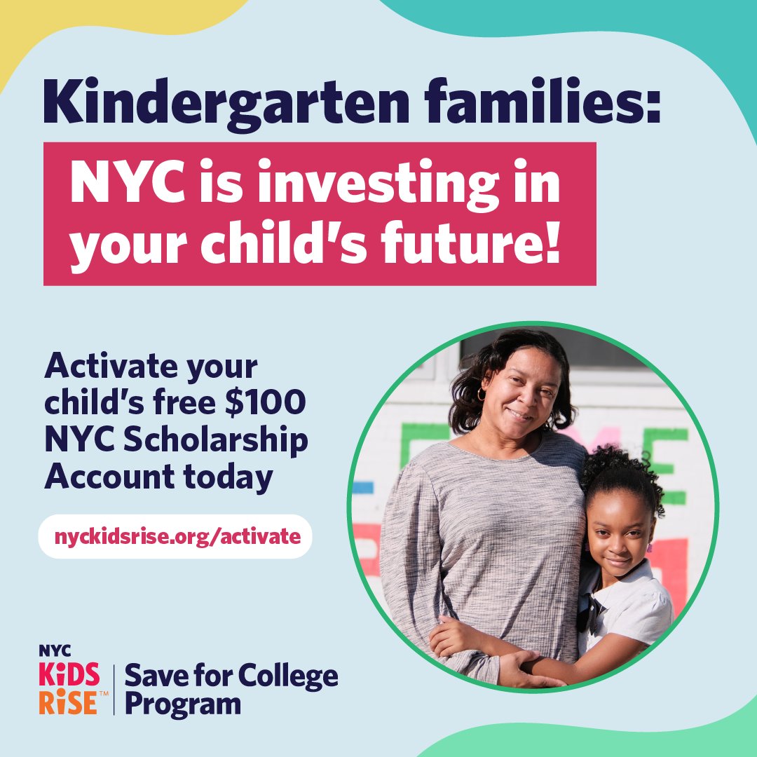 nycgov's tweet photo. NYC is investing in our kids’ success! ​​Parents and guardians of @nycschools kindergarteners can now activate their children’s NYC Scholarship Accounts: https://t.co/4D9iTg8Y7g @nyckidsrise #SaveForCollege https://t.co/amKsAqJc3T