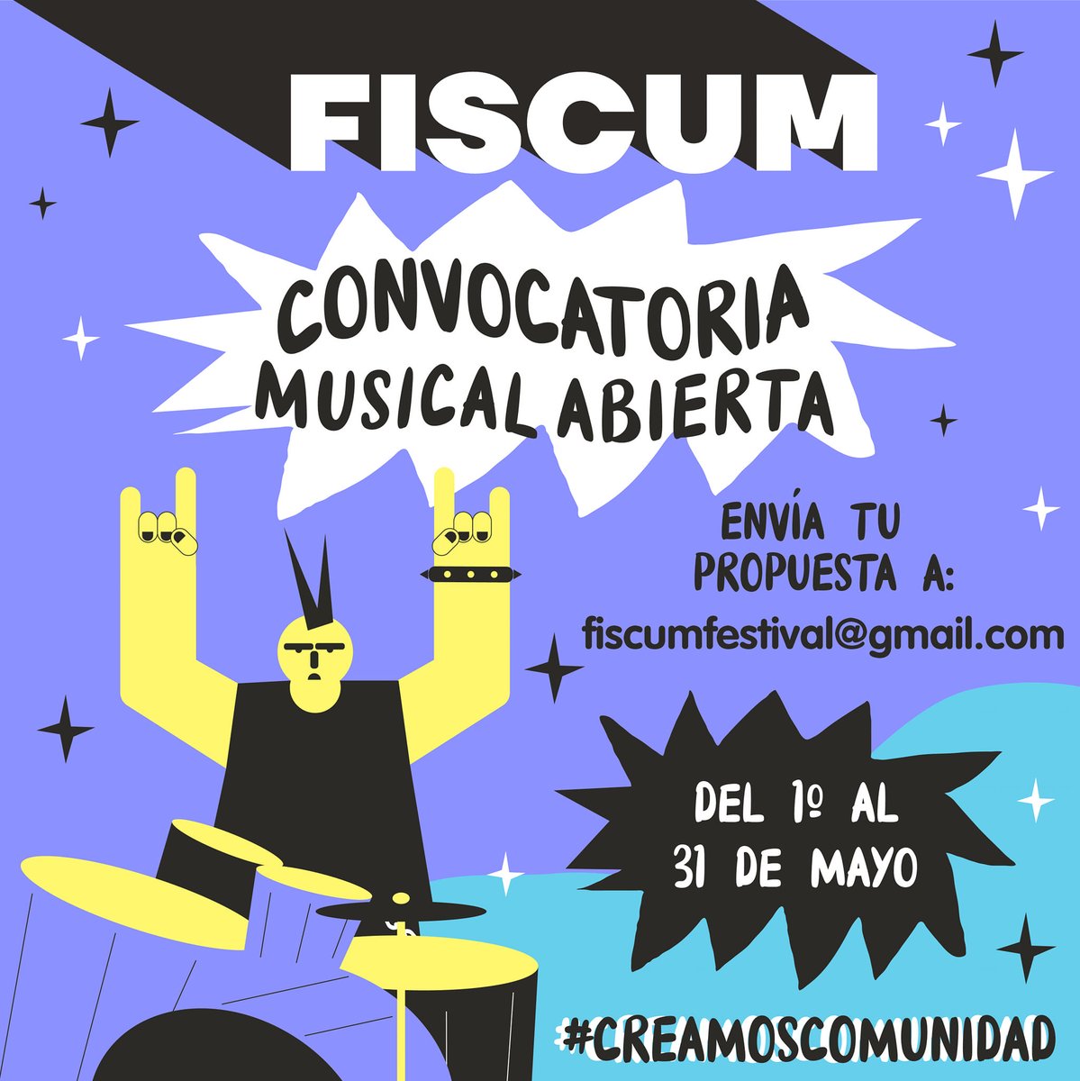 Iniciamos nuestra convocatoria #musical para la celebración de 10 años de FISCUM #Festival 

Comparte tu música con nosotros: fiscumfestival@gmail.com

#musica #independiente #convocatoria #CreamosComunidad