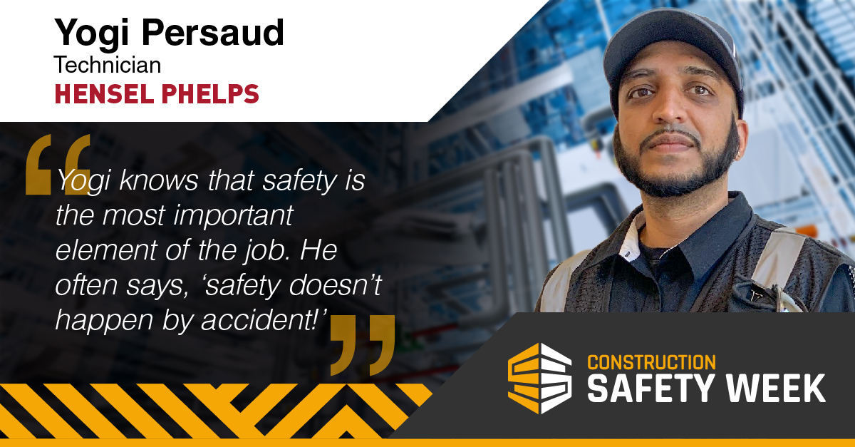 HenselPhelps's tweet photo. As a Technician with our Services Group, Yogi Persaud know that safety is something we consistently need to be conscious of. It is the highest value to each job, no matter if a project site is up and running or still under construction. #CheckConnectCommit #ConstructionSafetyWeek https://t.co/Ya41AtVBSF