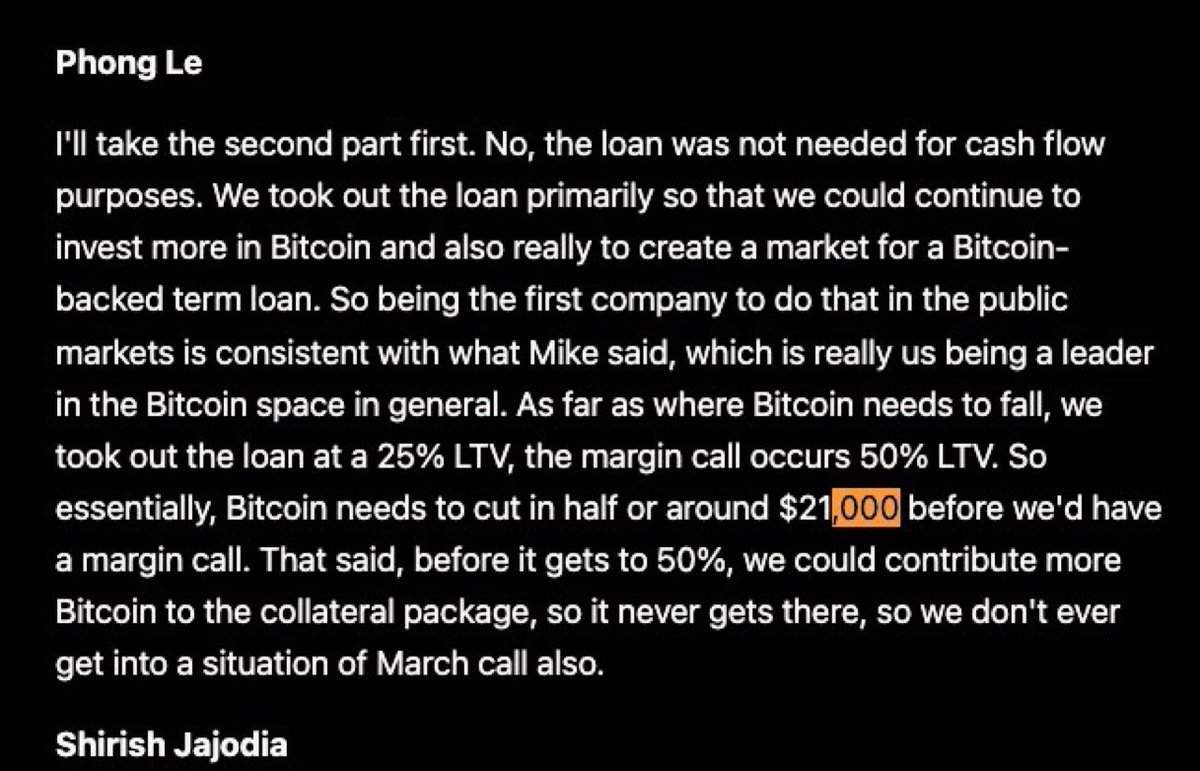 Connor_jacklin's tweet photo. @CCPool_Daniel “That said, before it gets to 50%, we could contribute more Bitcoin to the collateral package, so it never gets there, so we don’t ever get into a situation of margin call also.” https://t.co/louinHIVrs