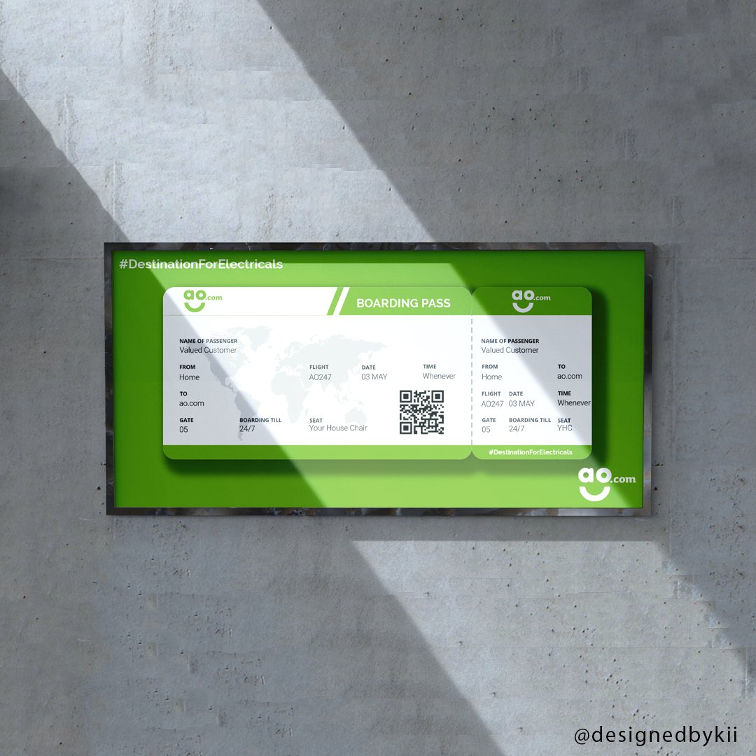 designedbykii's tweet photo. Today’s @OneMinuteBriefs: Create posters of all shapes and sizes to
get people to thinking about @ao as their #DestinationForElectricals
Boarding pass idea -QR codes links to https://t.co/s8bR97A9vh https://t.co/8STfIZvEQe