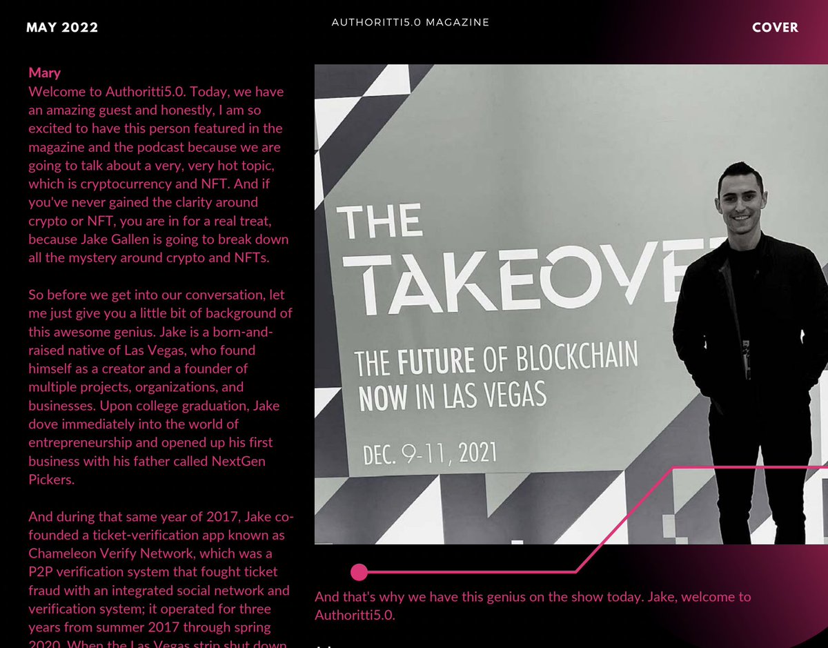 Jakegallen's tweet photo. My 20 page feature in Authoritti5.0 magazine drops tomorrow! We covered topics in the blockchain landscape, my entrepreneurial &amp; crypto journey, and what's brewing down in LV. Incredibly grateful for the communitym frens, and special thank you to @mary__henderson for the feature https://t.co/0g3WcOSVfl