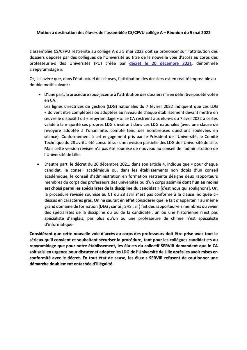 #Repyramidage
Le texte de la motion proposée au CS/CFVU <a href="/univ_lille/">Université de Lille</a>  collège A du 5 mai 2022 👇
A retrouver aussi sur servirulille.fr