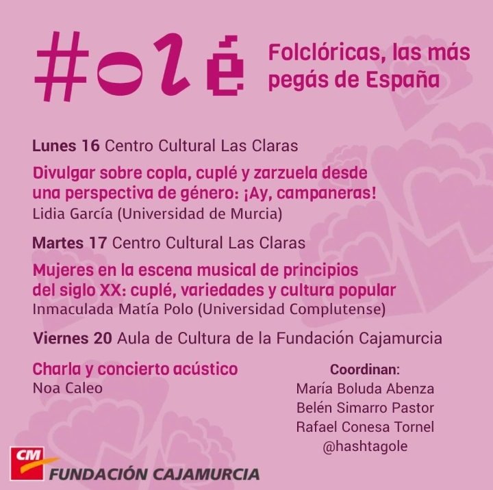RafaelTornel's tweet photo. ✨✨holaaaa✨✨ mis amigas y yo hemos organizado este ciclo tan chulo que no os podéis perder sobre las señoras del cante!!! 💜💜💜 Os esperamos el 16, 17 y 20 de mayo en la Fundación Cajamurcia💐 https://t.co/6n1ycZqR6b