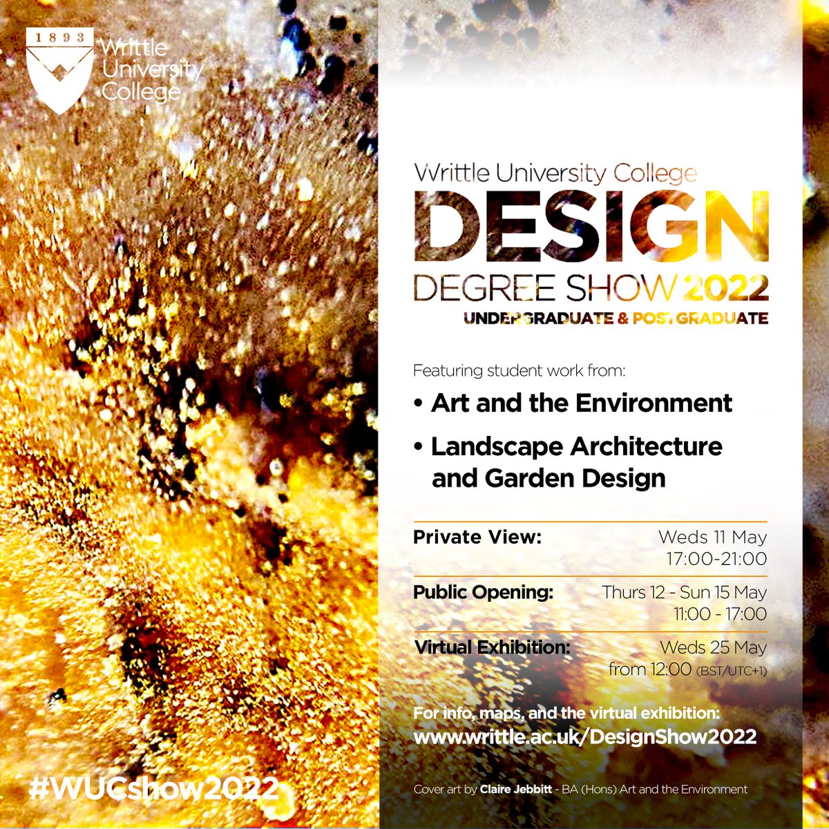 1 wk until the @WrittleOfficial #Design #DegreeShow 2022

The #exhibition will feature the skill &amp; creativity of our #Art and the #Environment, #LandscapeArchitecture and #GardenDesign students.

Private View: 11 May
Public Opening: 12-15 May
writtle.ac.uk/designshow2022

#WUCshow2022