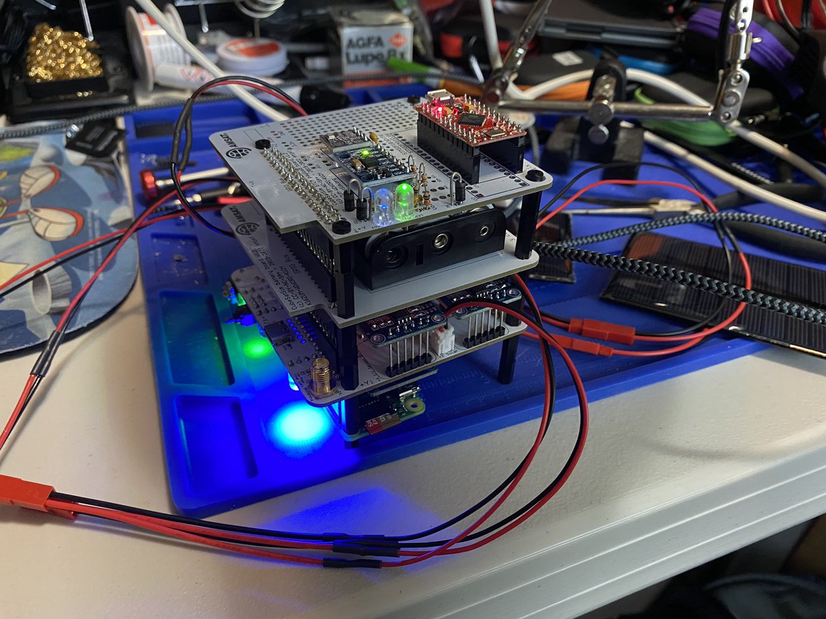 KerryBonin's tweet photo. First full stack integration. (And I really to clean my workbench). Still waiting for most of the solar cells and the right camera cable. #CubeSat #CubeSatSim #amsat https://t.co/XIuHAgjDBu