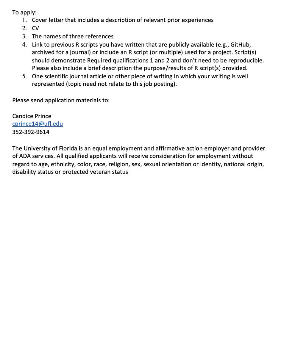 Postdoc opening! 12 mo of funding for research on effects of aquatic plant invasions on native plants, water quality, and fish populations in Florida. Note: this position does NOT require experience with this specific study system and it IS possible to be 100% remote! please RT!