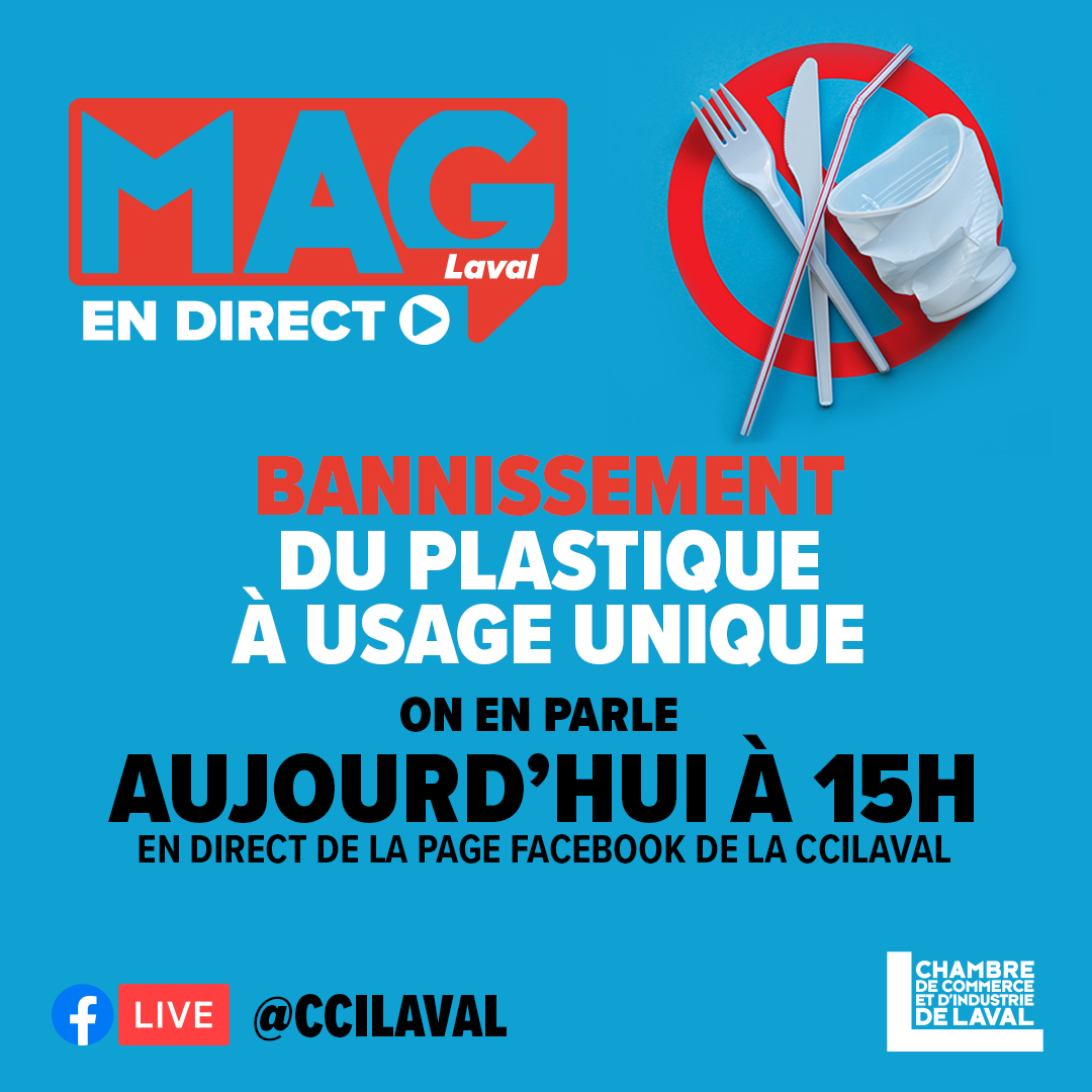 Bannissement du plastique à usage unique à Laval 🚫 
C'est aujourd'hui qu'on en parle! 
**Connectez-vous à 15h!**
En direct de la page Facebook de la CCILaval.
👉 facebook.com/CCILaval  
---
#environnement
#zeroplastique
#VilleDeLaval