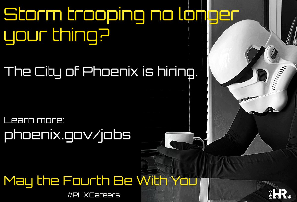 .<a href="/CityofPhoenixAZ/">City of Phoenix, AZ</a> is #hiring. Check out the latest job opportunities at phoenix.gov/jobs. Make a living and a positive impact in your community. #PHX #Careers #jobs #careersearch #MayThe4thBeWithYou #StarWarsDay2022