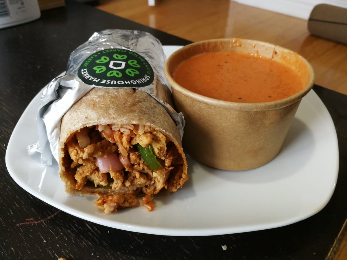 EatThisTown's tweet photo. 2. Springhouse. @springhousemkt 
Some of my favourite vegan food, like the soy curl "chicken" wrap and the life altering tomato soup. They also have a vegan grocery section that is such a good resource for us plant loving folks. https://t.co/n45dxA88li