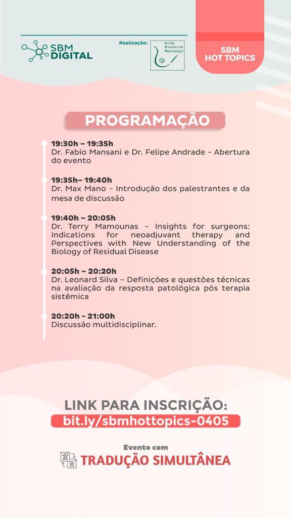 Hoje às 19h30 - Presidirei o SBM Hot Topics da @sbmastologia, com o tema “Breaking Paradigms: Perspectives with Residual Disease in Breast Cancer”.

Evento digital para médicos
Tradução simultânea 

Inscrições 
bit.ly/sbmhottopics-0… 

#breastcancer #oncology #cancerresearch