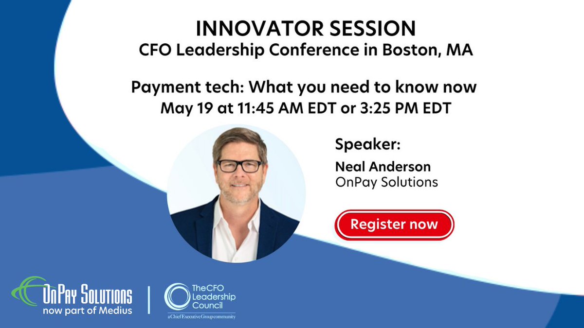 OnPaySolutions's tweet image. Calling all CFOs! Do you have tickets to the CFO Leadership Conference on May 19–20? Join your peers and hear from @neal_anderson80 in an innovator session about the future of #payments tech! 

Use promo code “SEAPORT100” for $100 off. Register: bit.ly/3LRhtXm